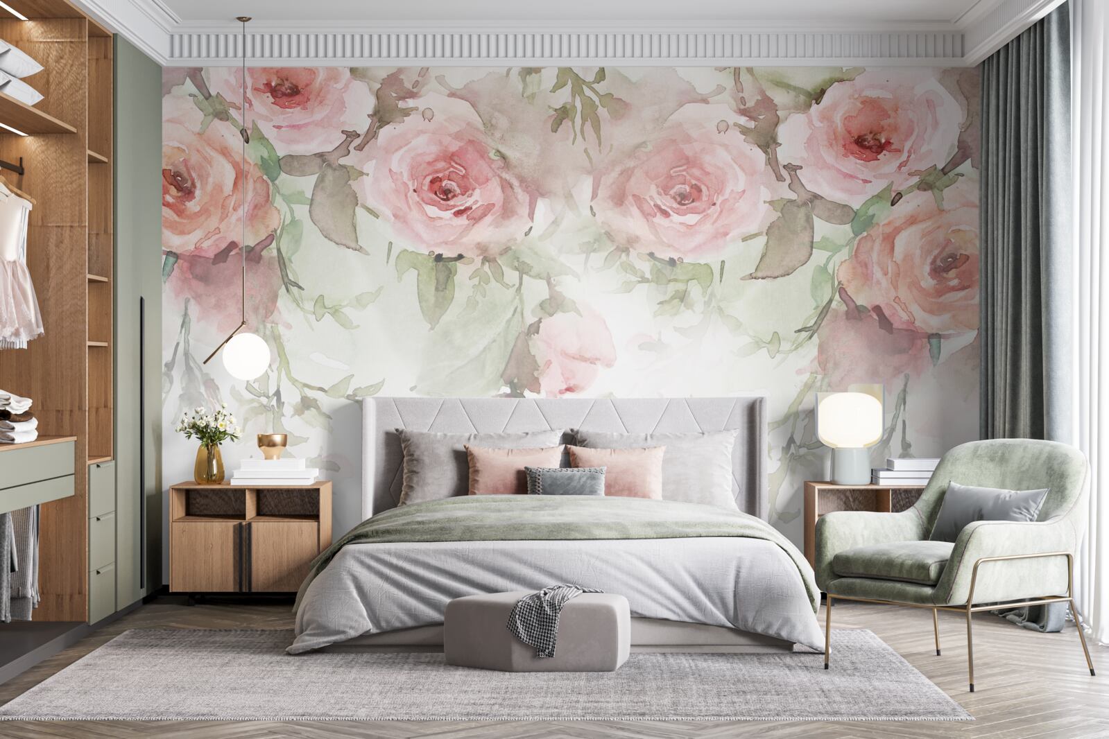 Papier peint d'énormes fleurs roses pendent