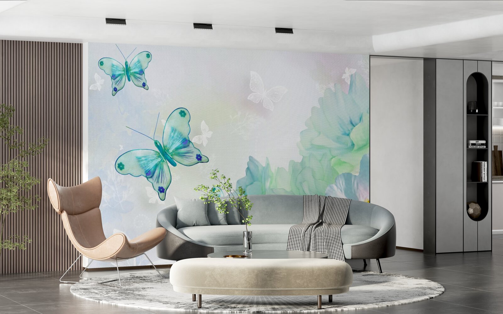 Papier peint des fleurs tendres et des papillons ailés