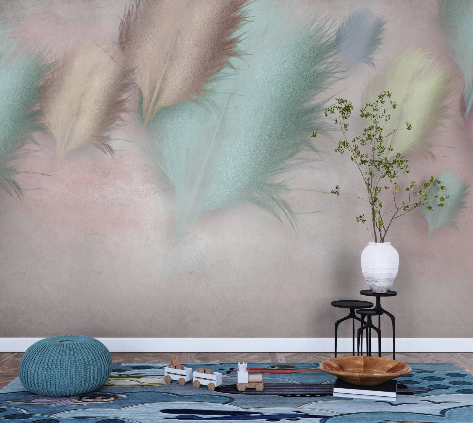 Papier peint des plumes de différentes couleurs flottent sur un ciel rose