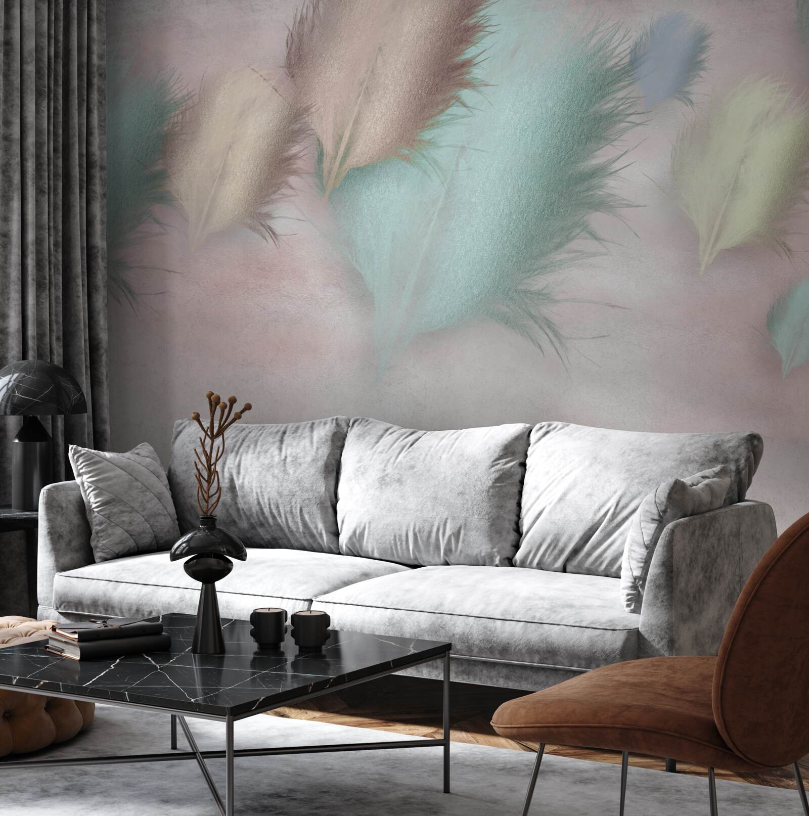 Papier peint des plumes de différentes couleurs flottent sur un ciel rose