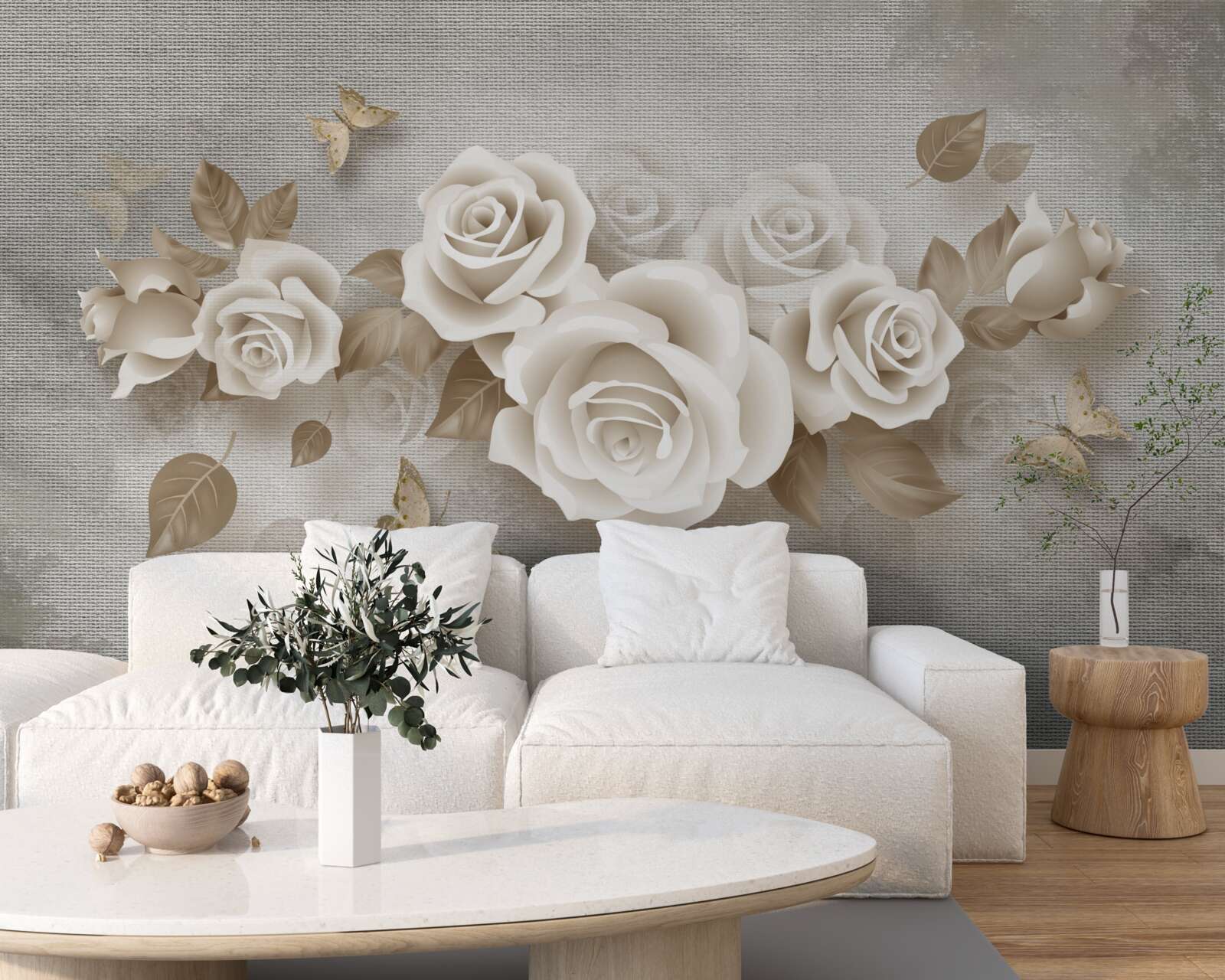 Papier peint gracieuse tige de rose de couleur ivoire