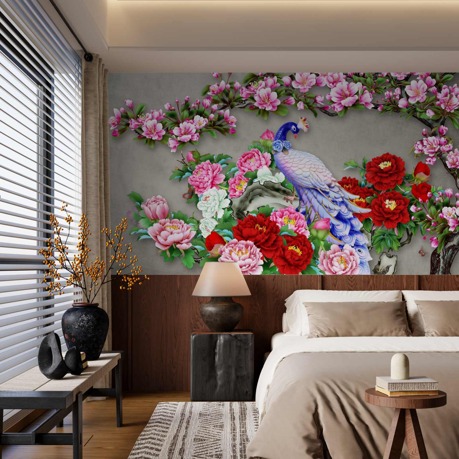 Papier peint paon au beau plumage sur les branches de magnolias et de roses en fleurs
