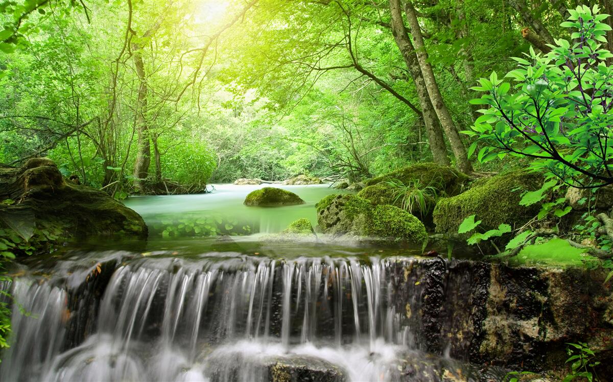 Papier peint les rayons du soleil atteignent la cascade