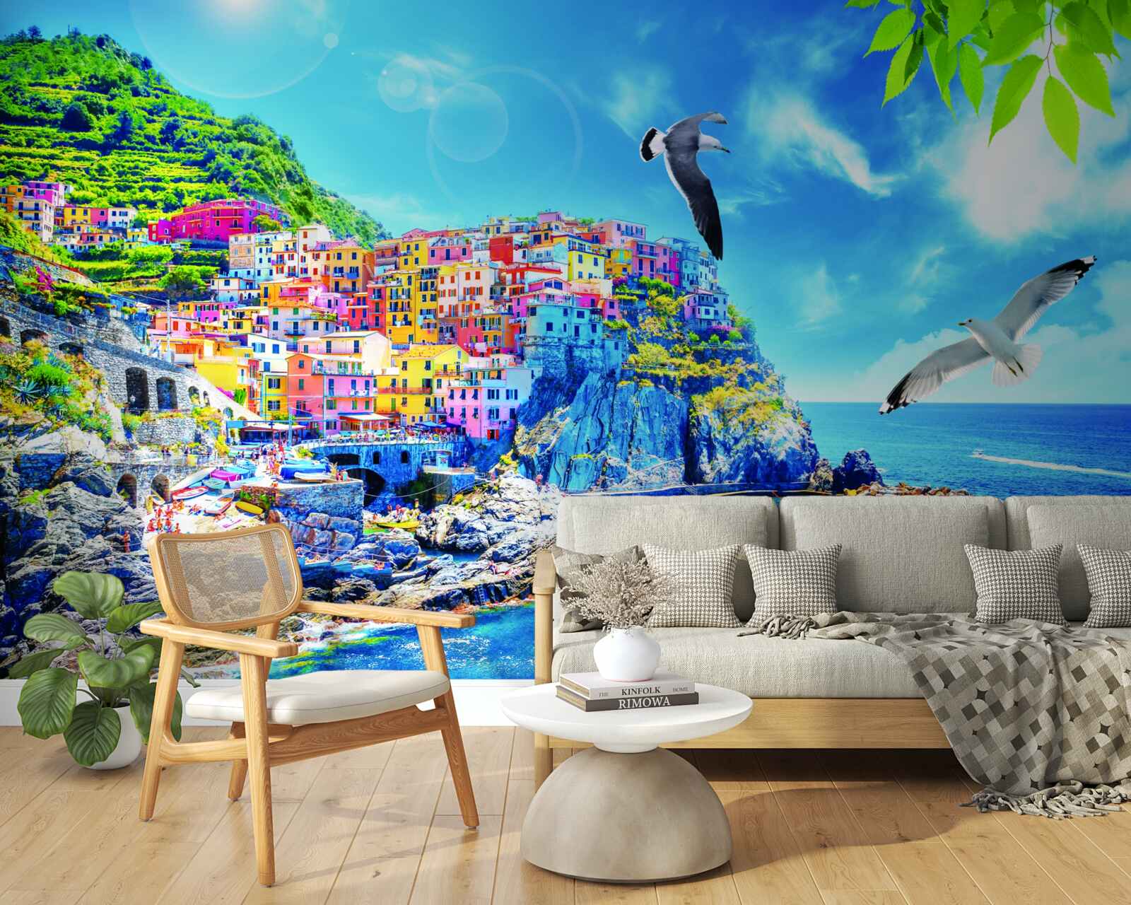 Papier peint petite ville près de la mer, sur de belles falaises, baignée d'une lumière éclatante