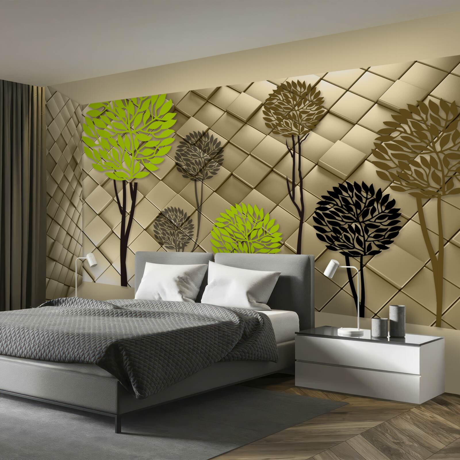 Papier peint des abstractions dans des tons de vert et de brun sont placées sur une base en or