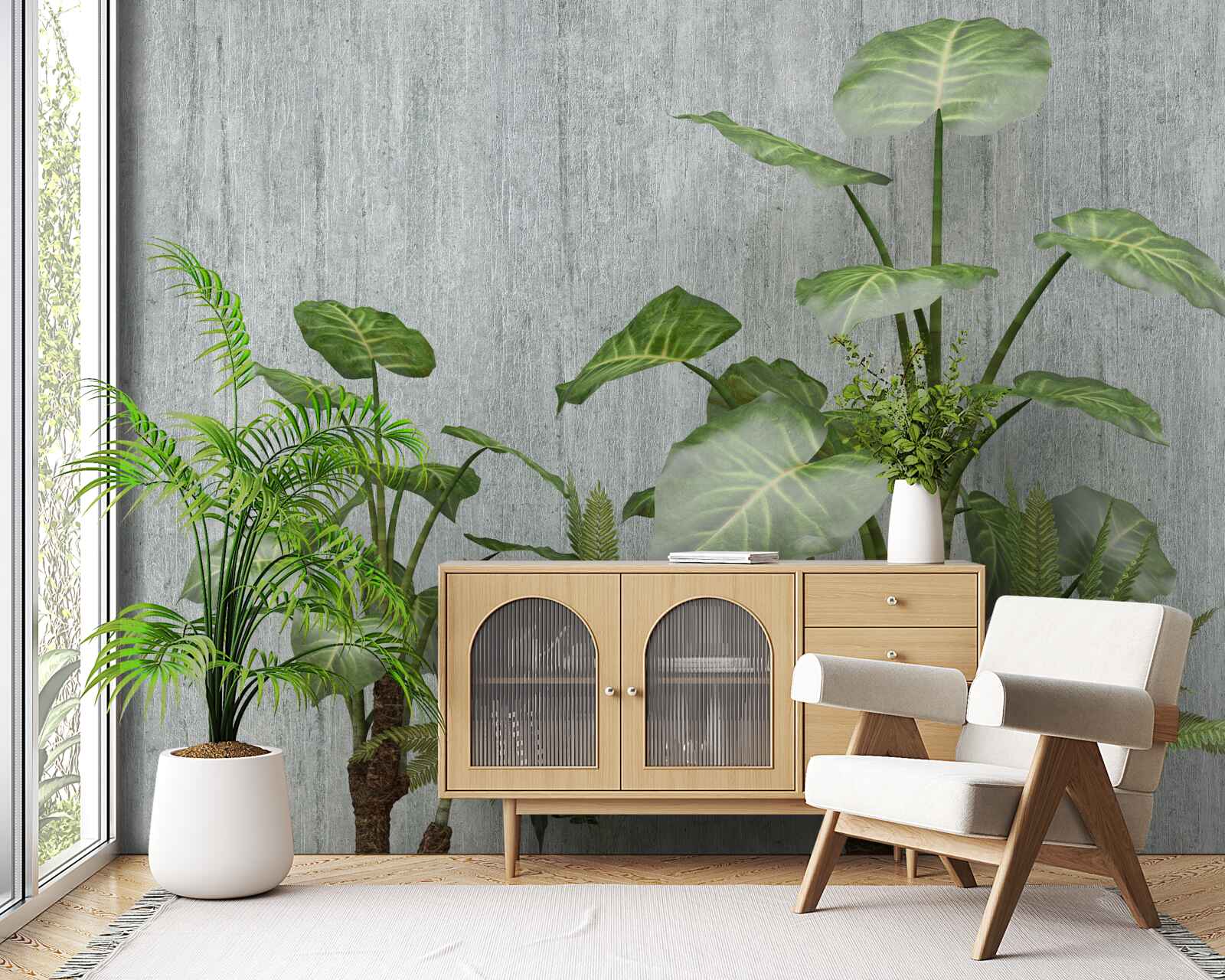 Papier peint énorme buisson de monstera sur fond argenté