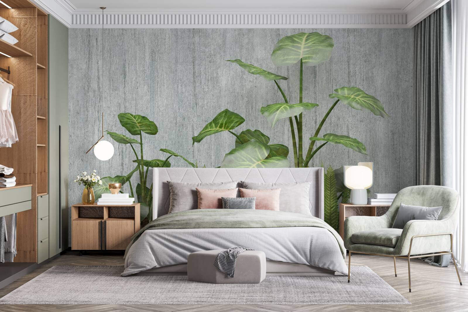 Papier peint énorme buisson de monstera sur fond argenté