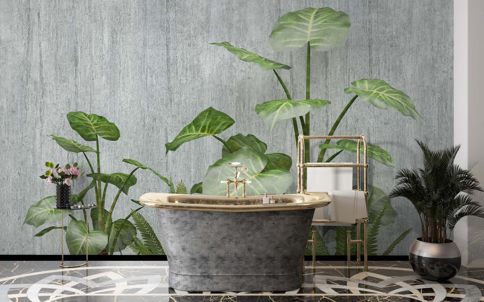 Papier peint énorme buisson de monstera sur fond argenté