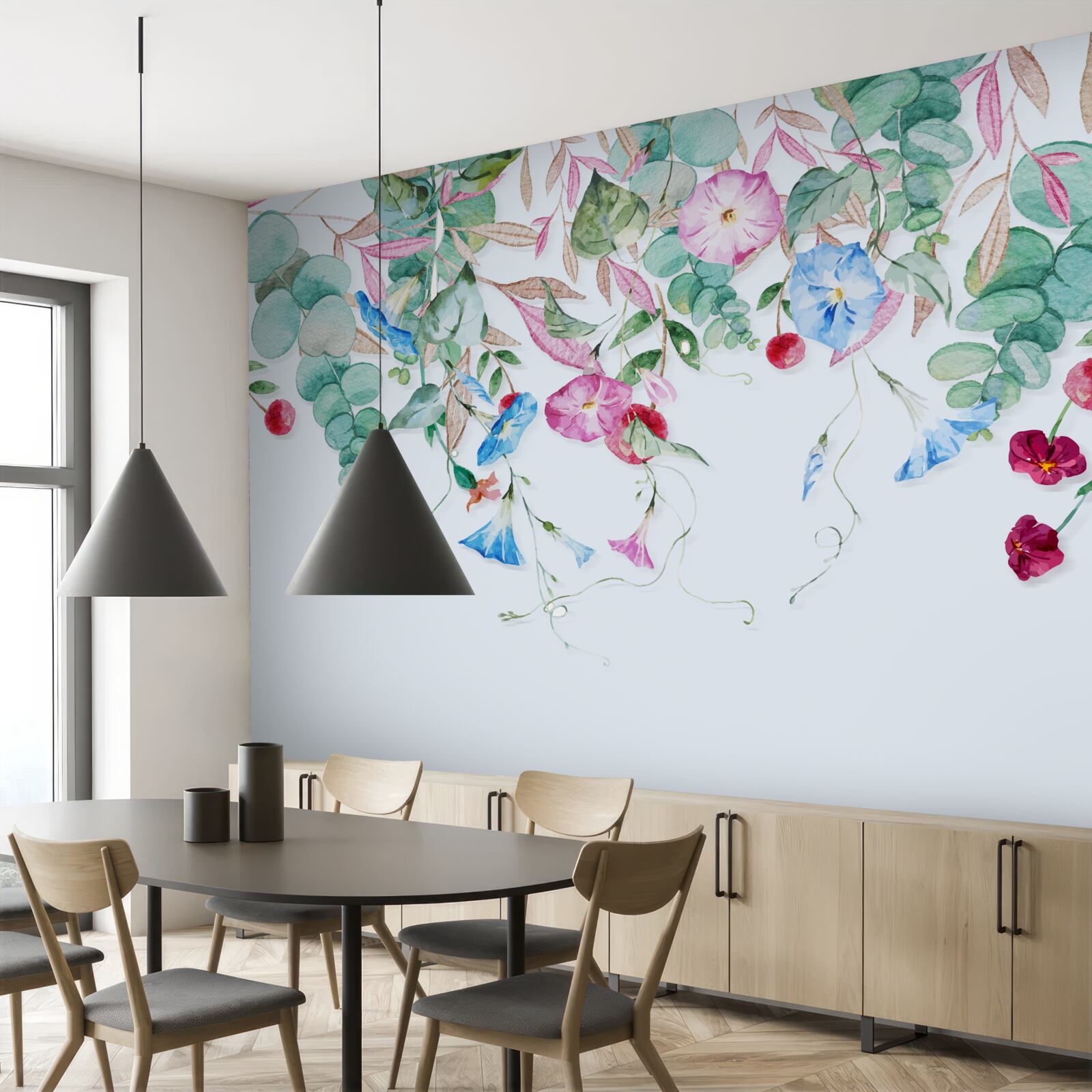Papier peint verdure multicolore suspendue, pleine de fleurs