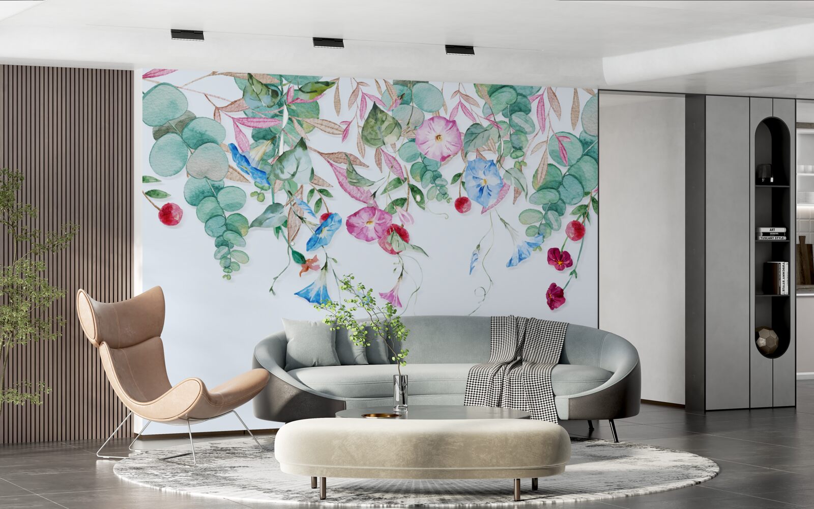 Papier peint verdure multicolore suspendue, pleine de fleurs