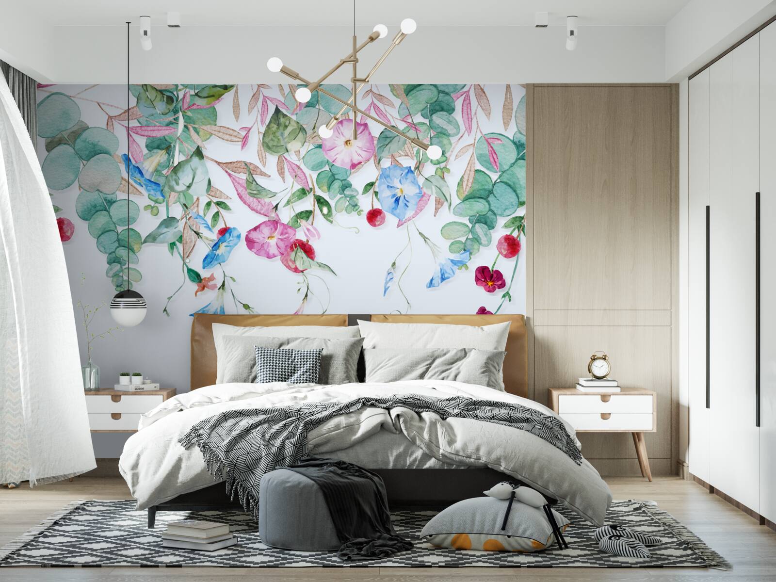Papier peint verdure multicolore suspendue, pleine de fleurs