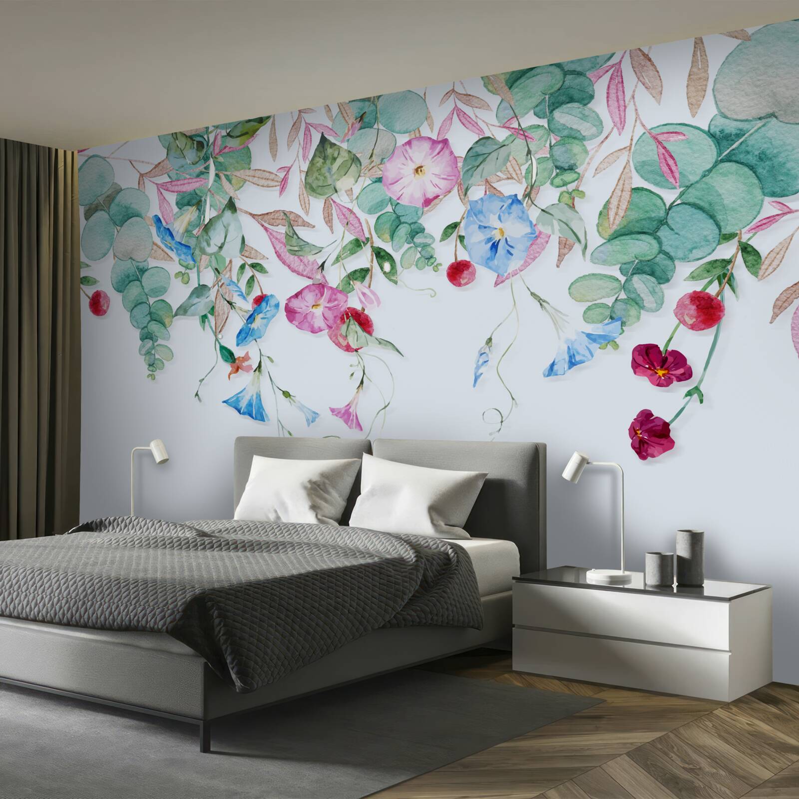 Papier peint verdure multicolore suspendue, pleine de fleurs