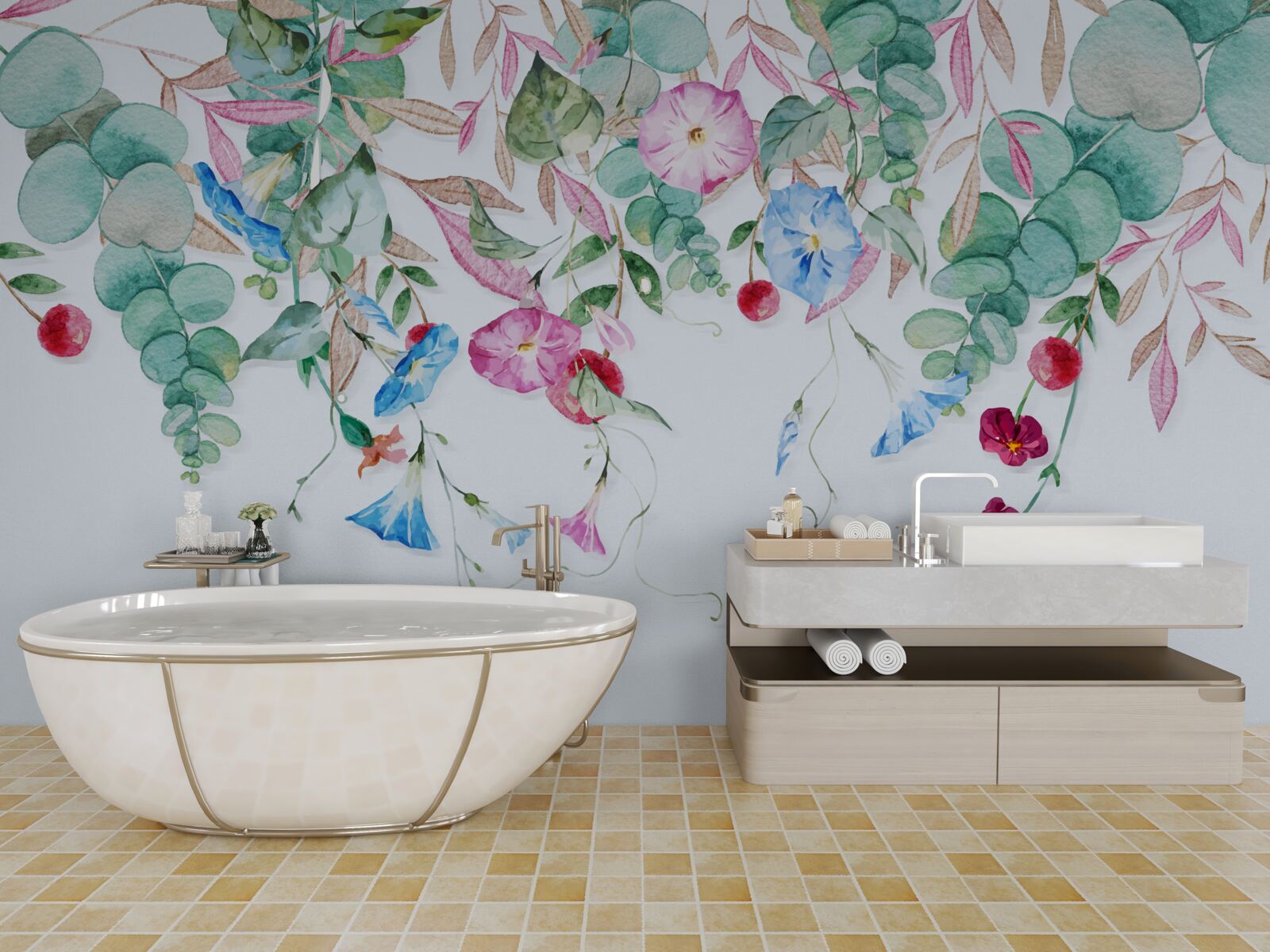 Papier peint verdure multicolore suspendue, pleine de fleurs