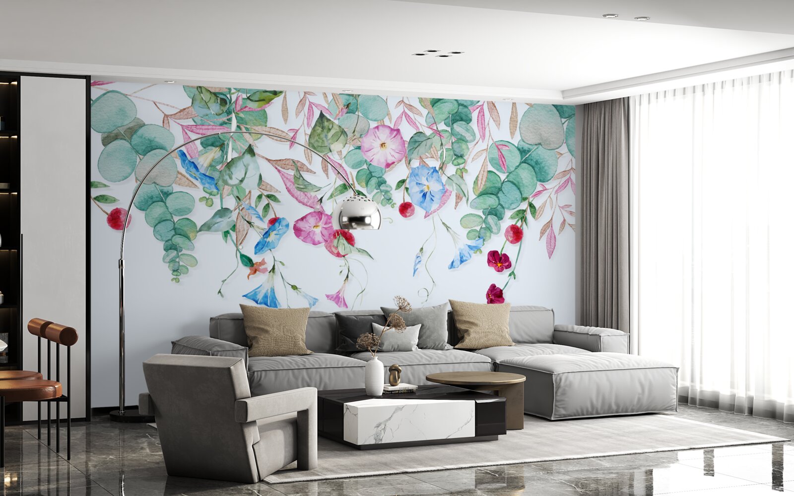 Papier peint verdure multicolore suspendue, pleine de fleurs