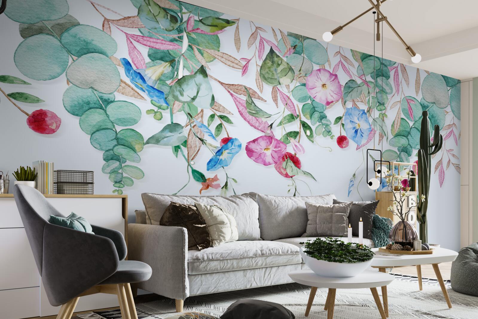 Papier peint verdure multicolore suspendue, pleine de fleurs