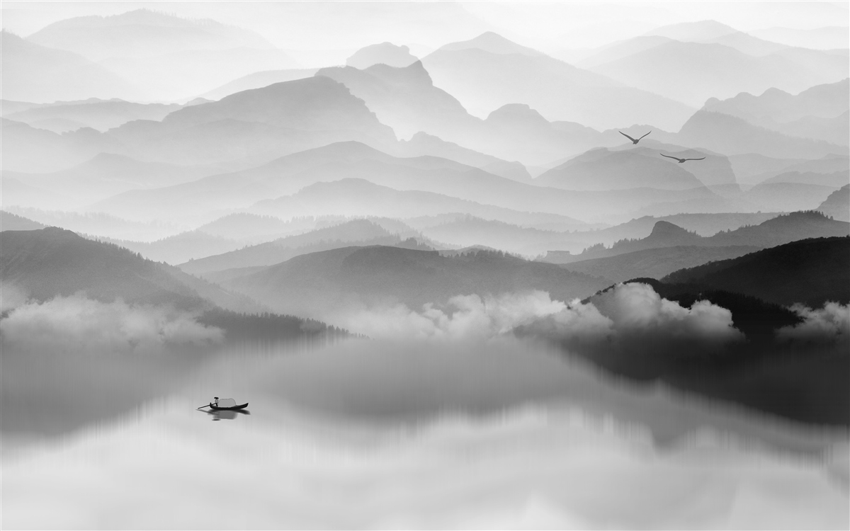 Papier peint un pêcheur revient sur le lac de misty mountain