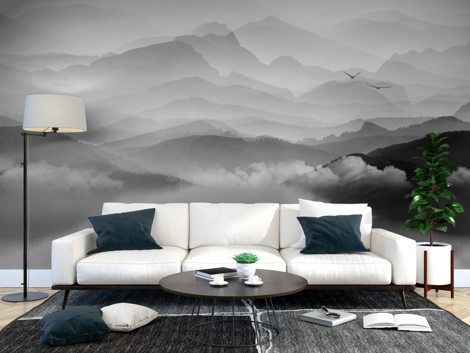 Papier peint un pêcheur revient sur le lac de misty mountain