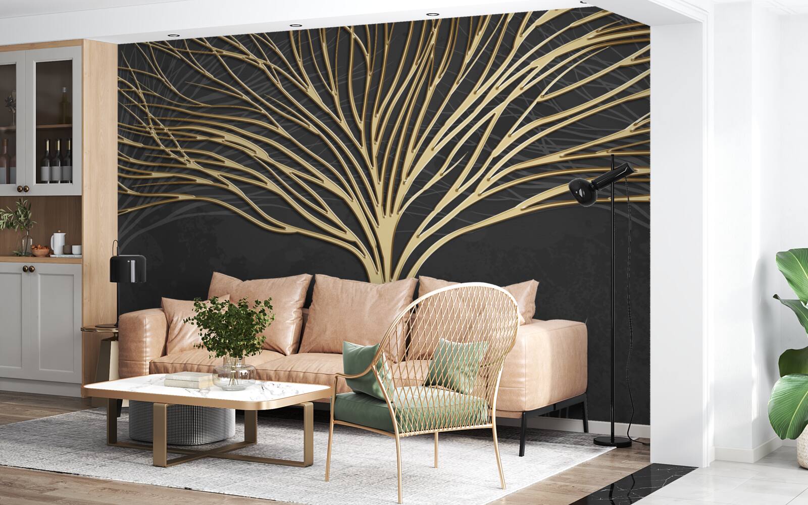Papier peint un troupeau de cerfs et un arbre d'or