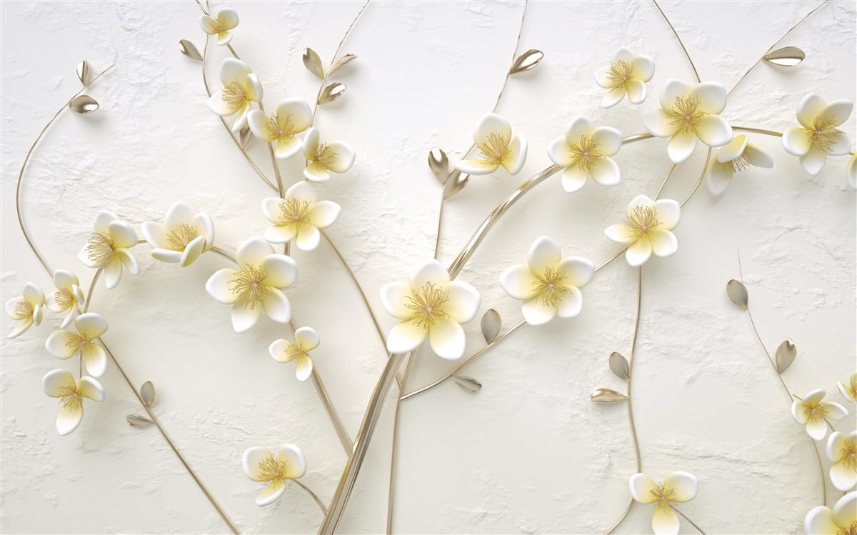 Papier peint branches blanches de magnolia avec cœur jaune