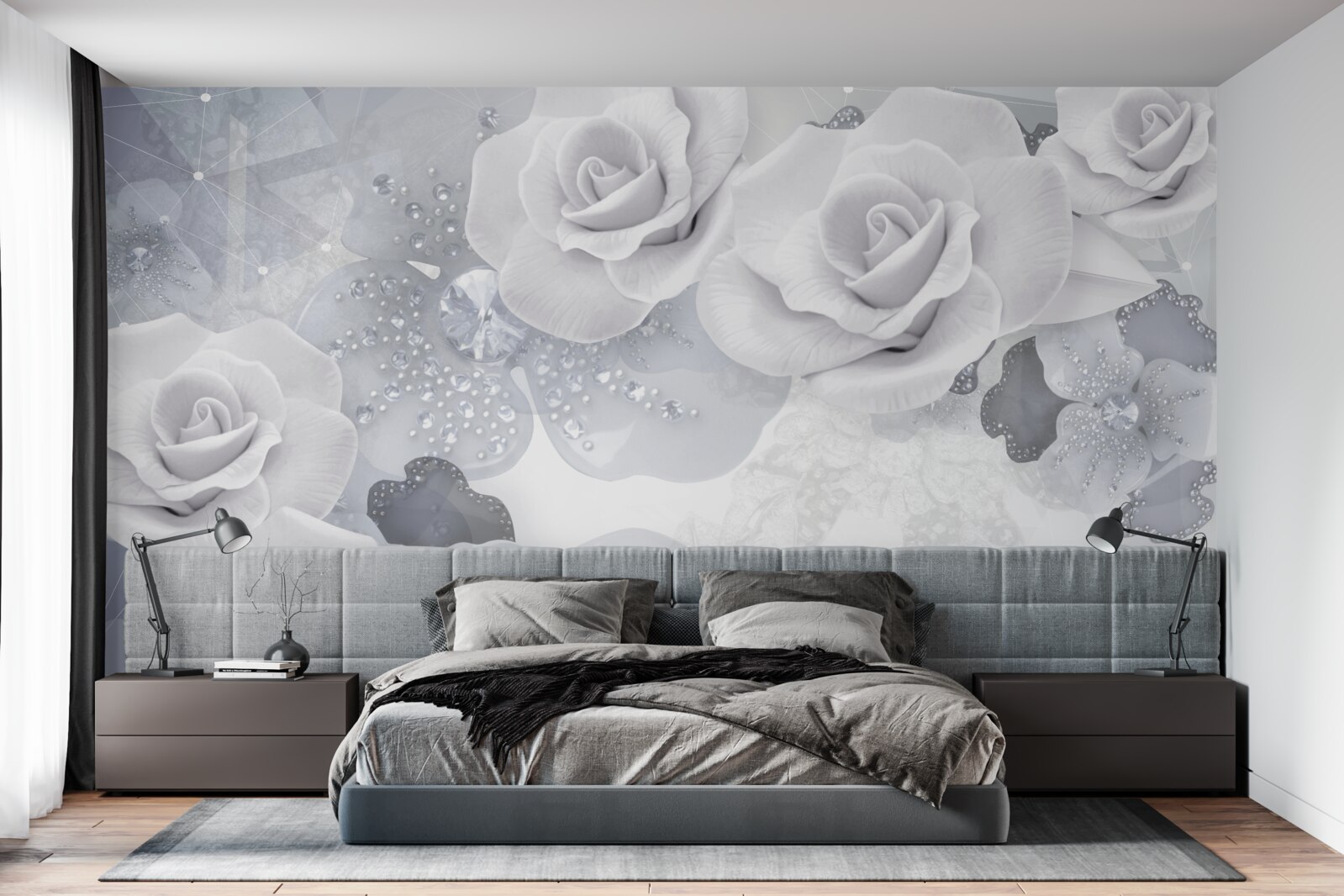 Papier peint ensemble de fleurs blanches sur fond bleu