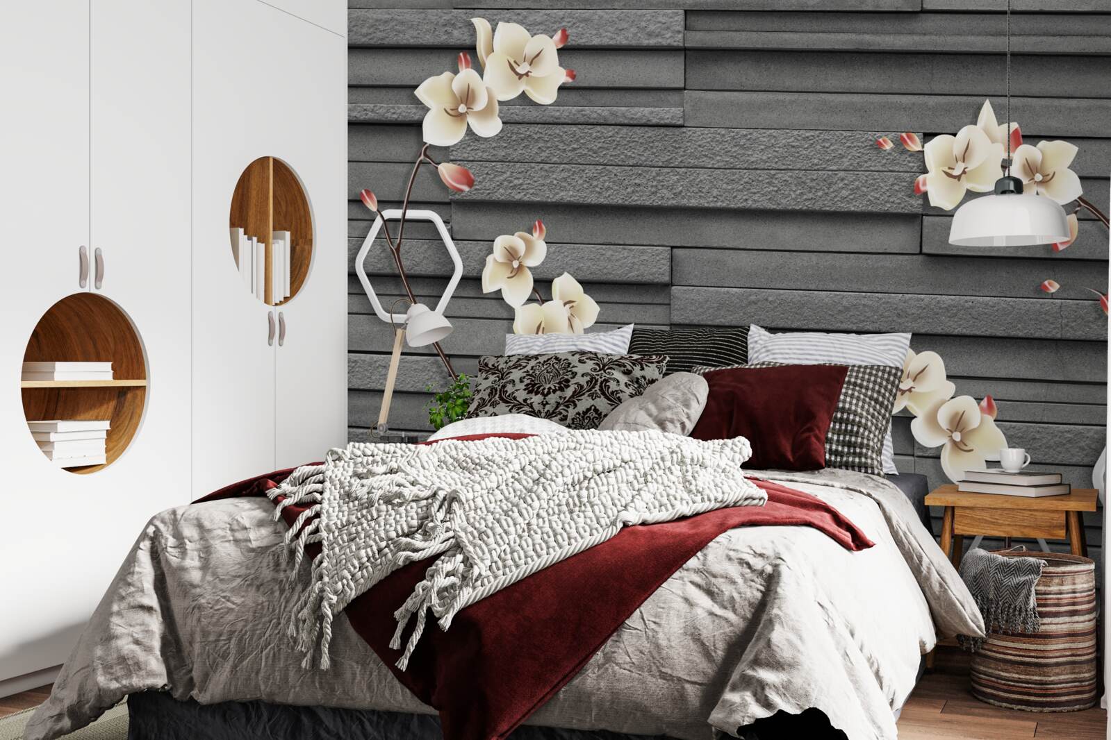 Papier peint mur en pierre noire décoré de fleurs blanches