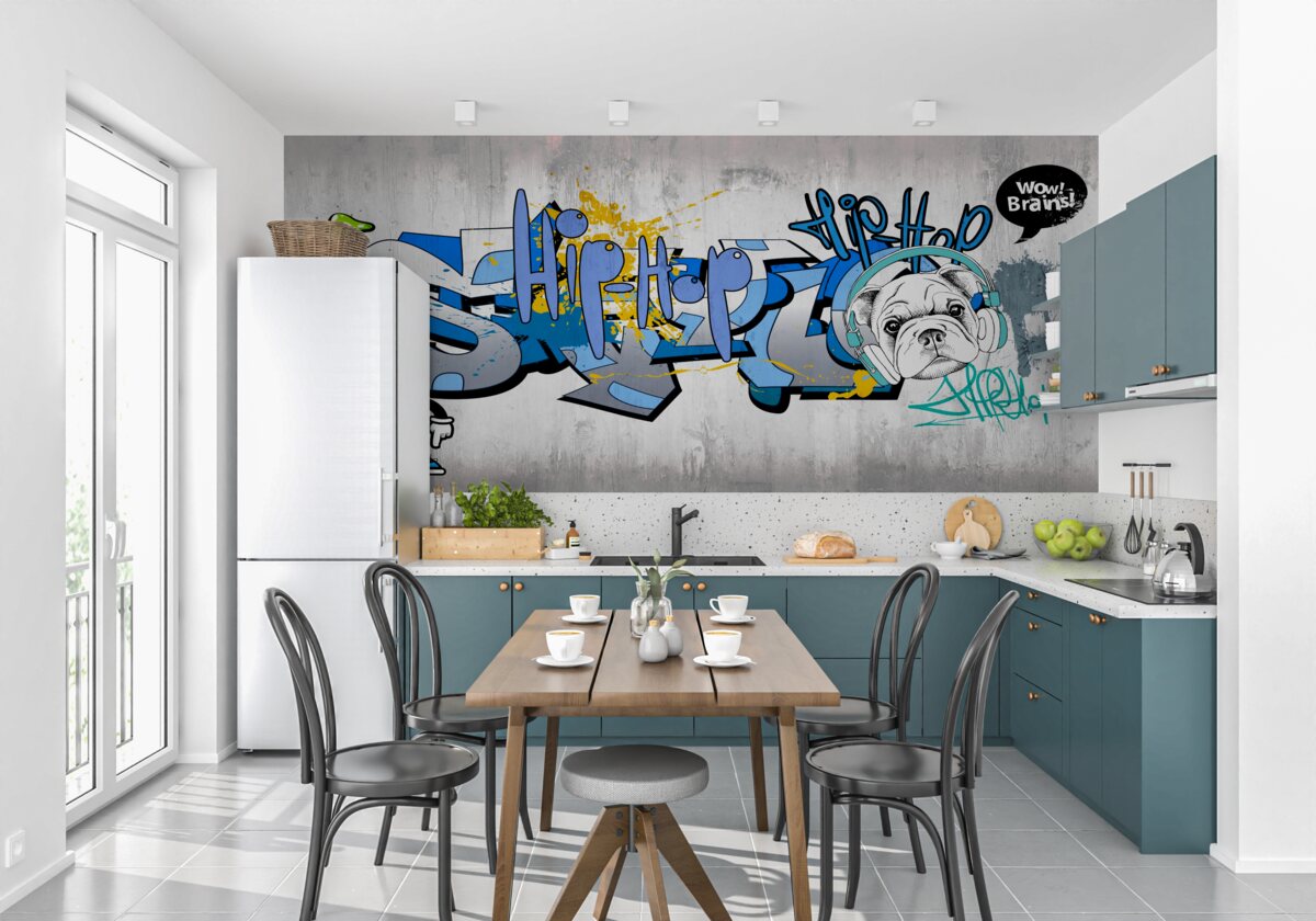 Papier peint graffiti sur un mur avec l'image d'un chien portant des écouteurs