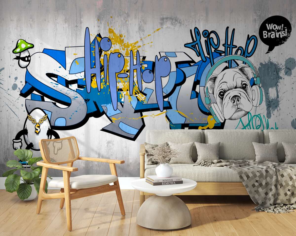 Papier peint graffiti sur un mur avec l'image d'un chien portant des écouteurs