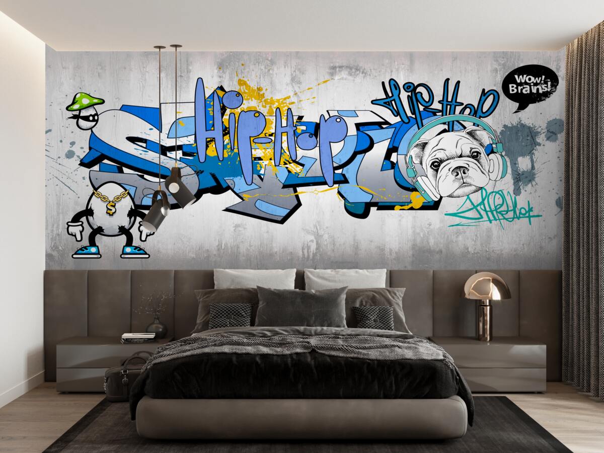 Papier peint graffiti sur un mur avec l'image d'un chien portant des écouteurs