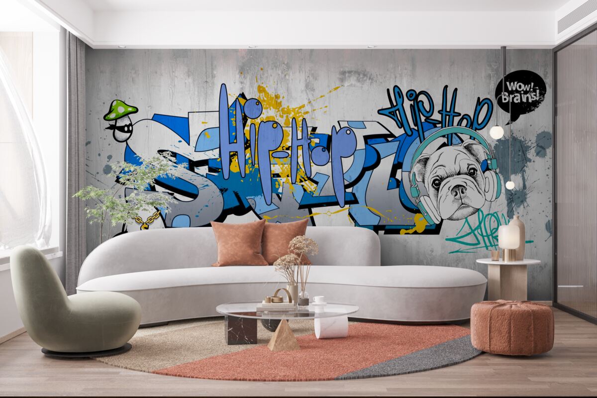 Papier peint graffiti sur un mur avec l'image d'un chien portant des écouteurs