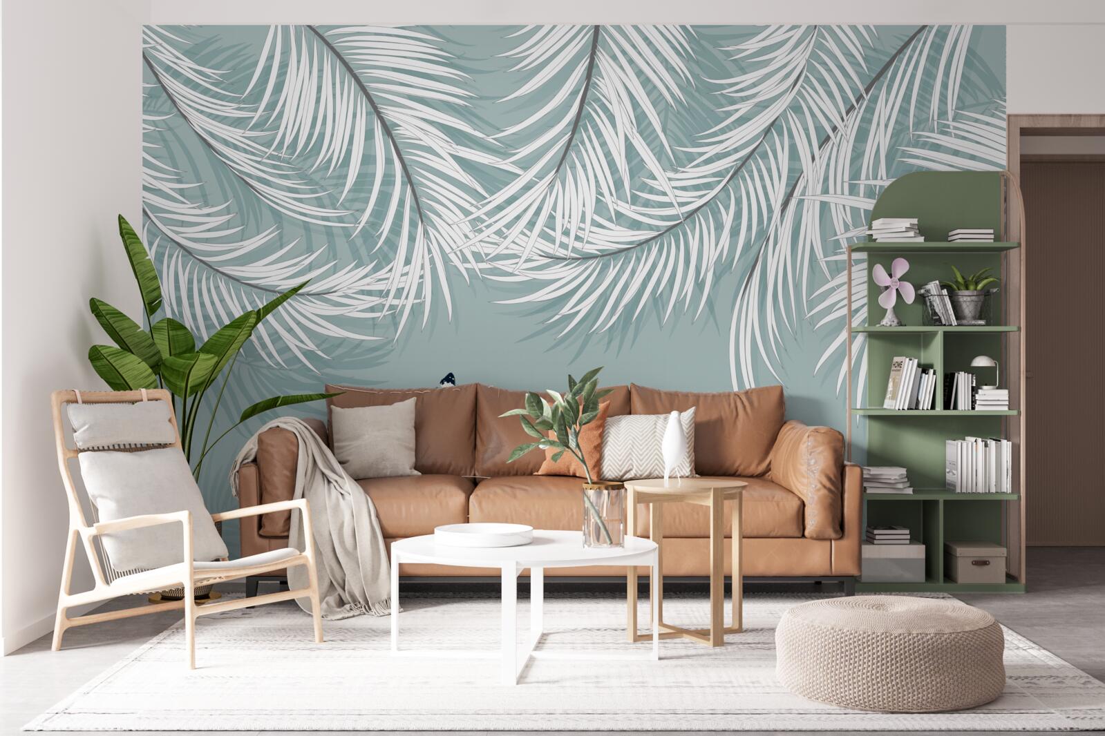Papier peint les papillons se cachent sous les feuilles de palmier