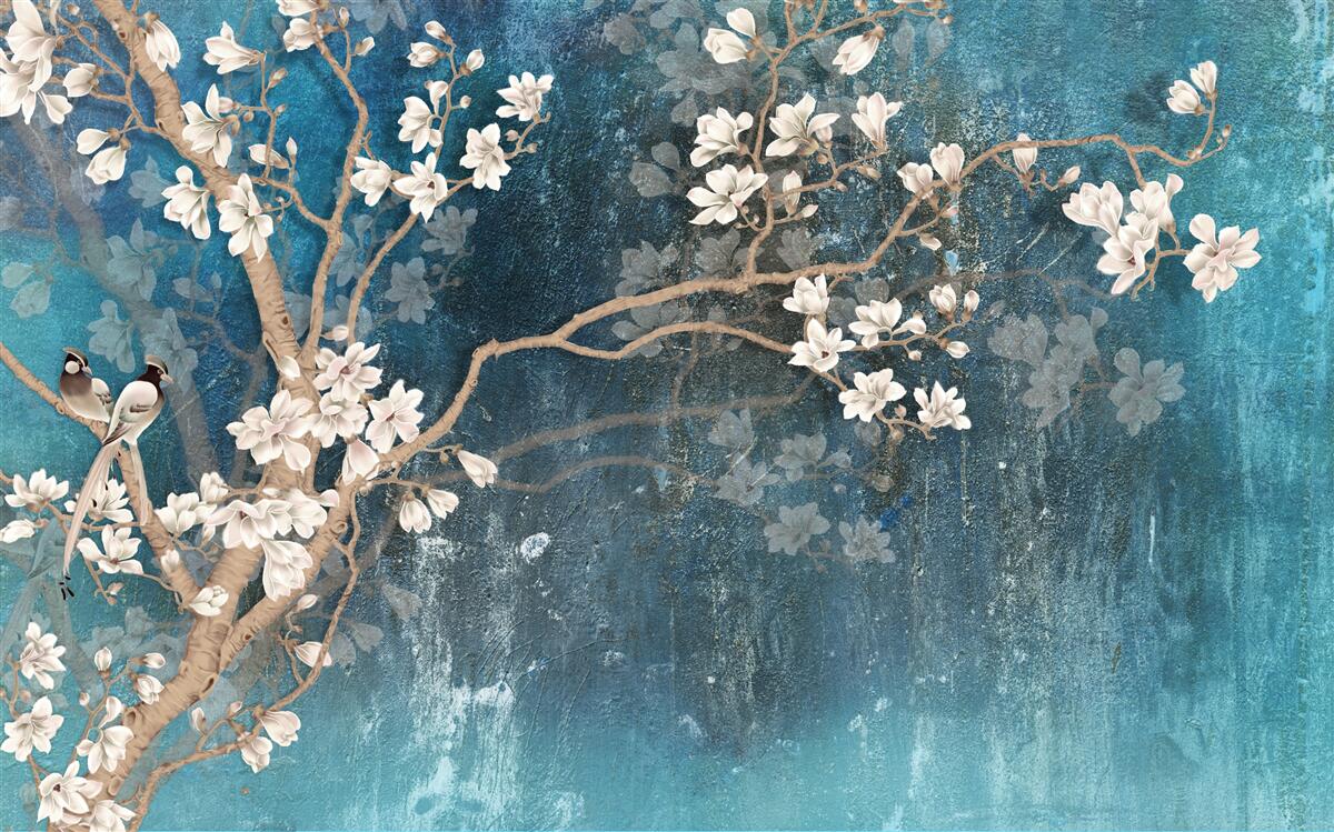 Papier peint magnolia en pleine floraison et tombée de la nuit