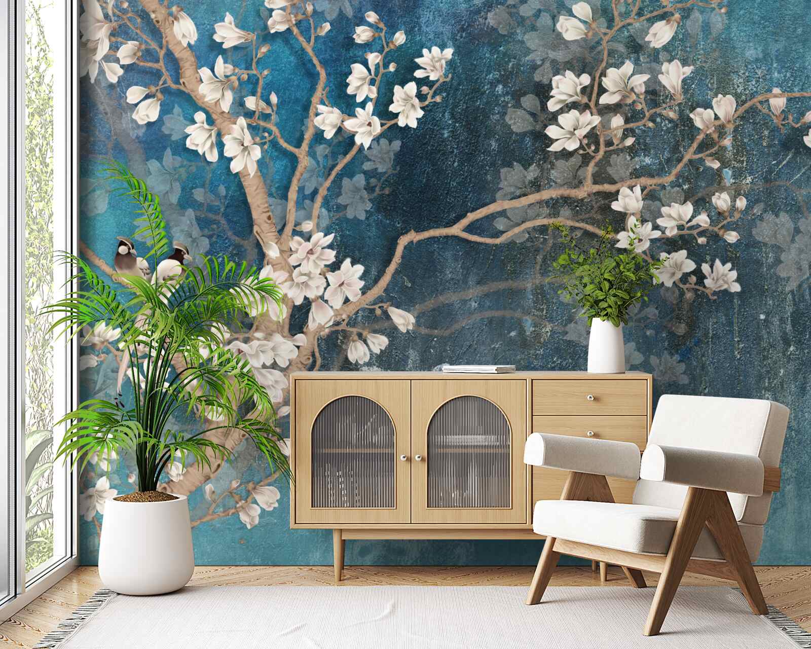 Papier peint magnolia en pleine floraison et tombée de la nuit