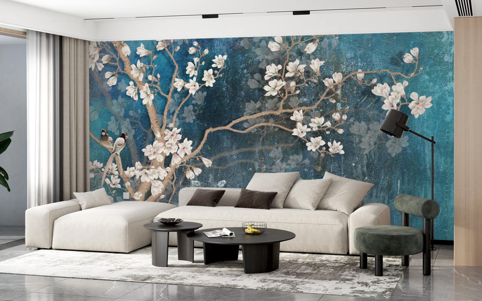 Papier peint magnolia en pleine floraison et tombée de la nuit