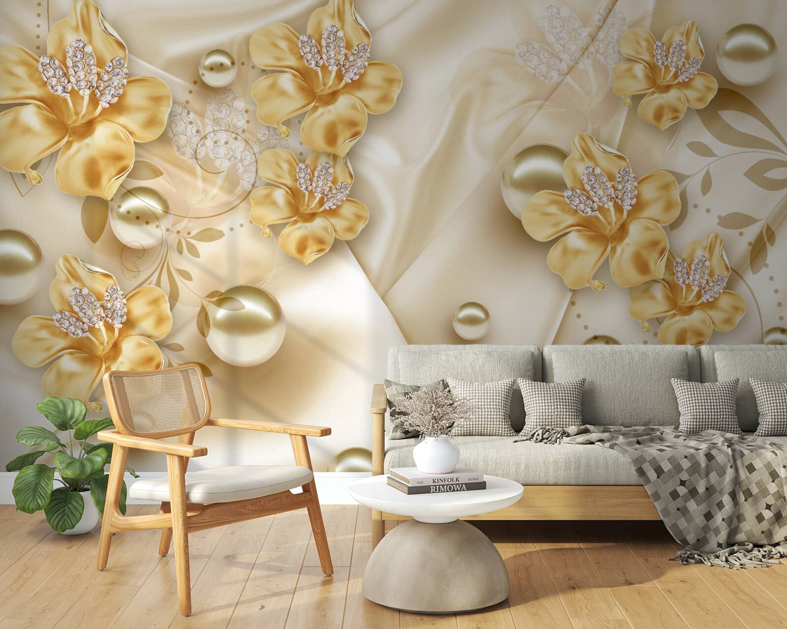 Papier peint le tissu de soie est décoré de fleurs en or et en perles