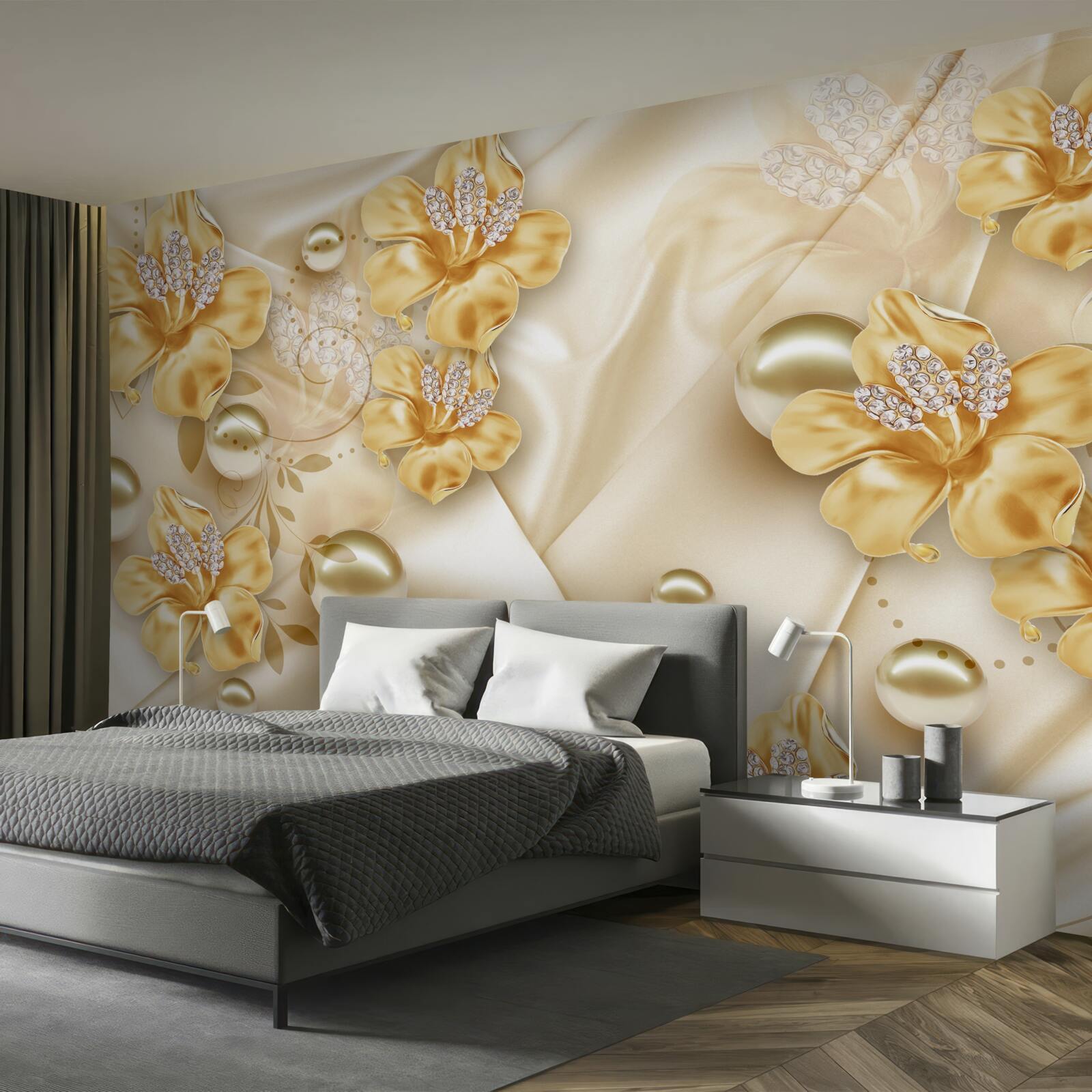 Papier peint le tissu de soie est décoré de fleurs en or et en perles