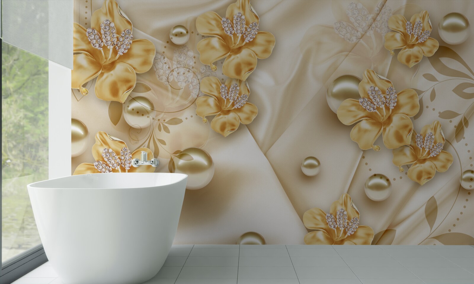 Papier peint le tissu de soie est décoré de fleurs en or et en perles