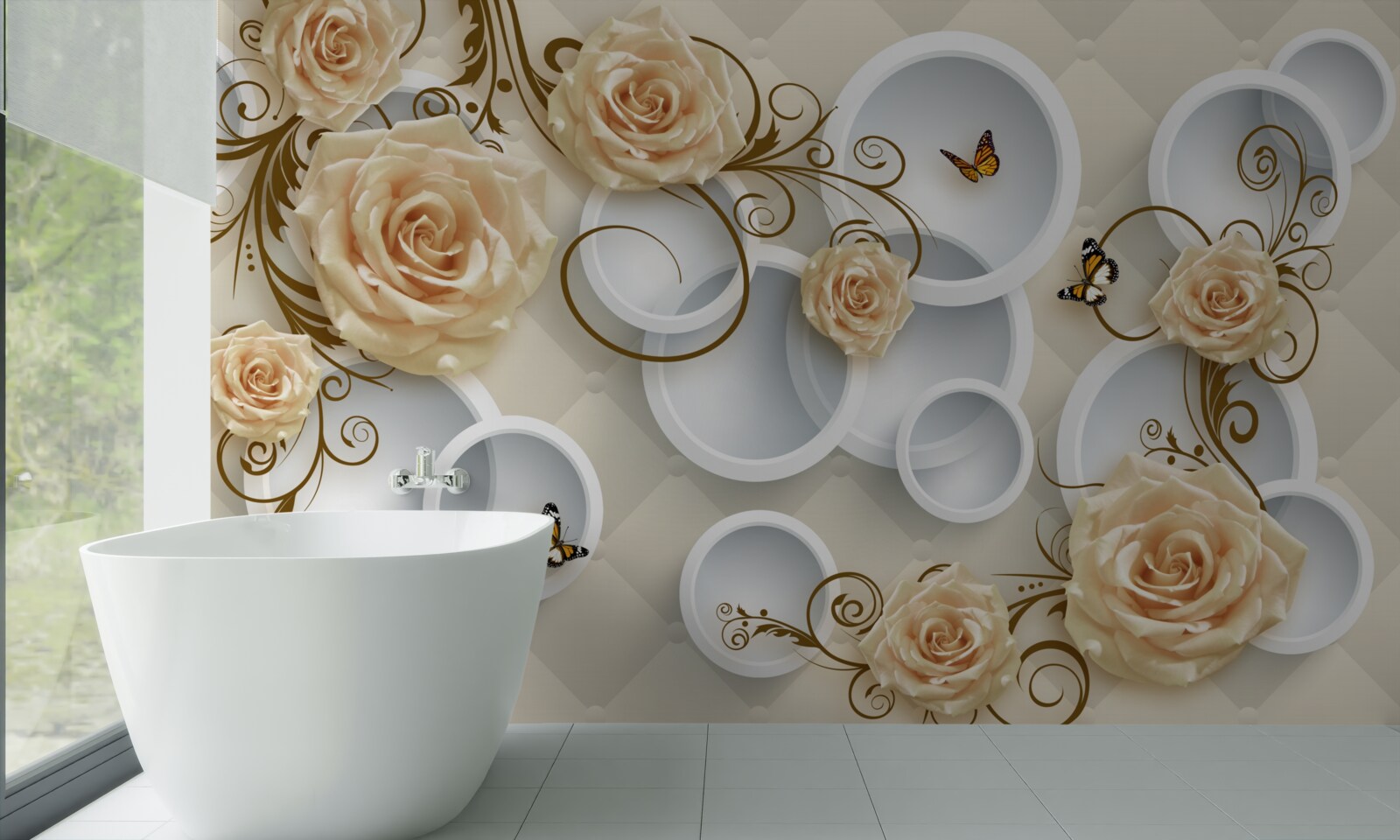 Papier peint branches avec des roses brunes sur un fond abstrait