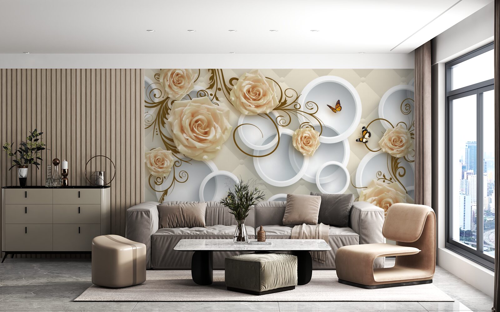 Papier peint branches avec des roses brunes sur un fond abstrait