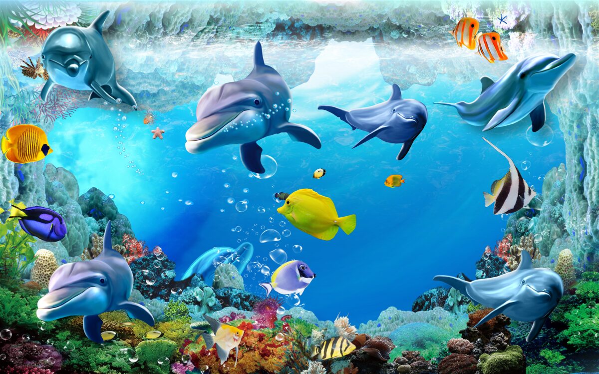 Papier peint monde sous-marin avec dauphins et poissons
