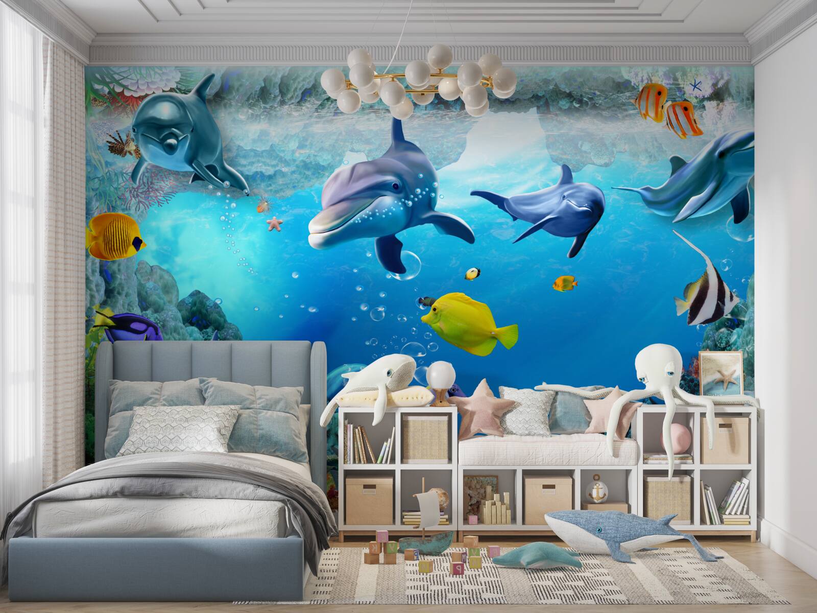 Papier peint monde sous-marin avec dauphins et poissons