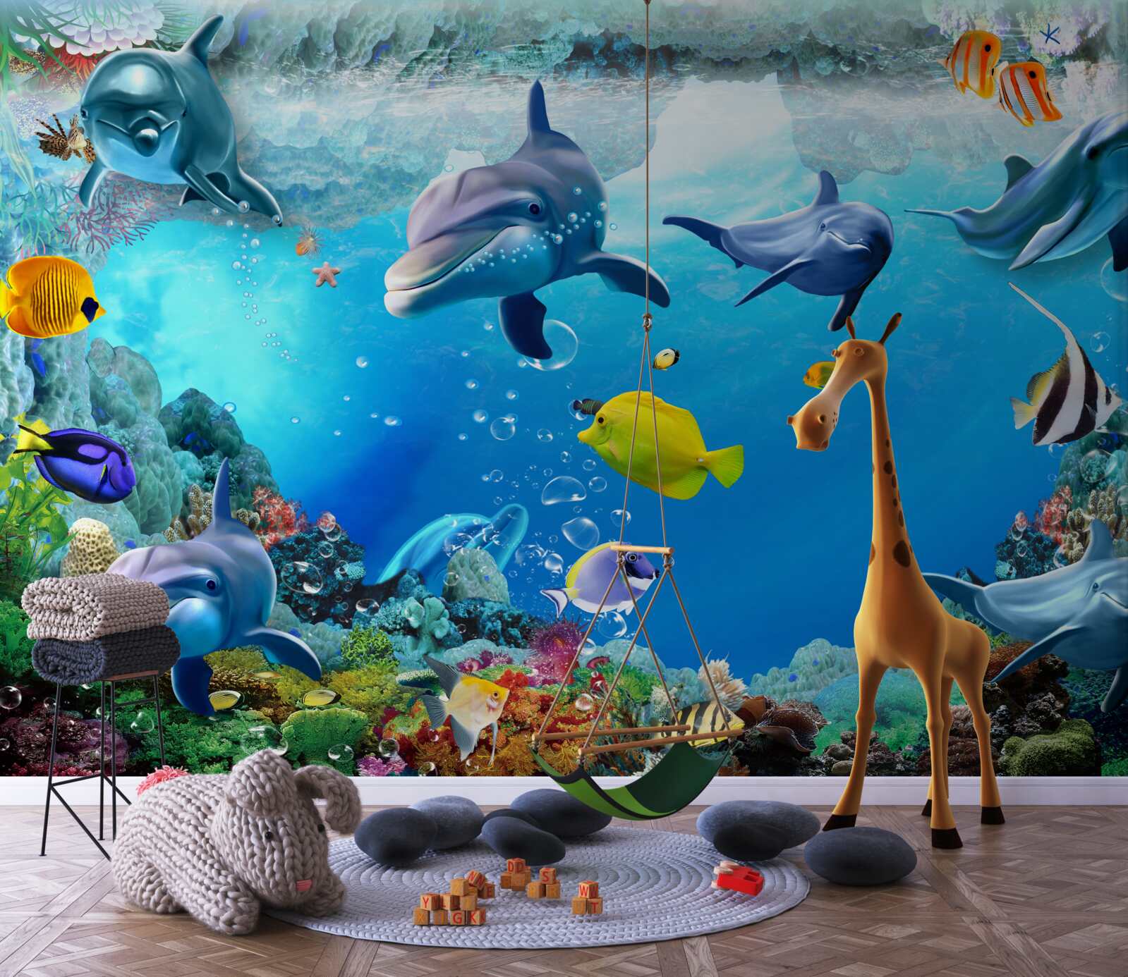 Papier peint monde sous-marin avec dauphins et poissons