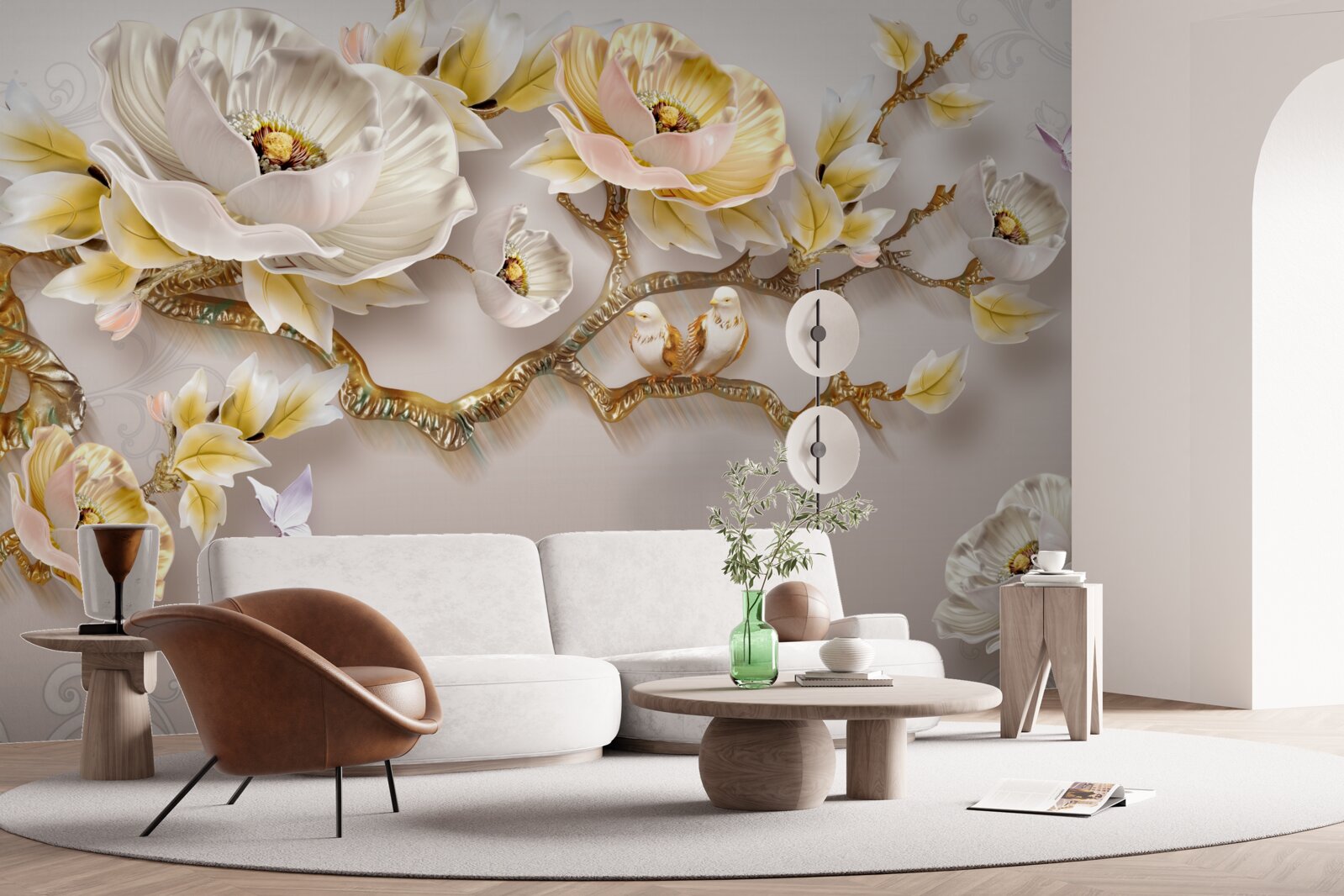 Papier peint bijoux et or en forme de branches de magnolia