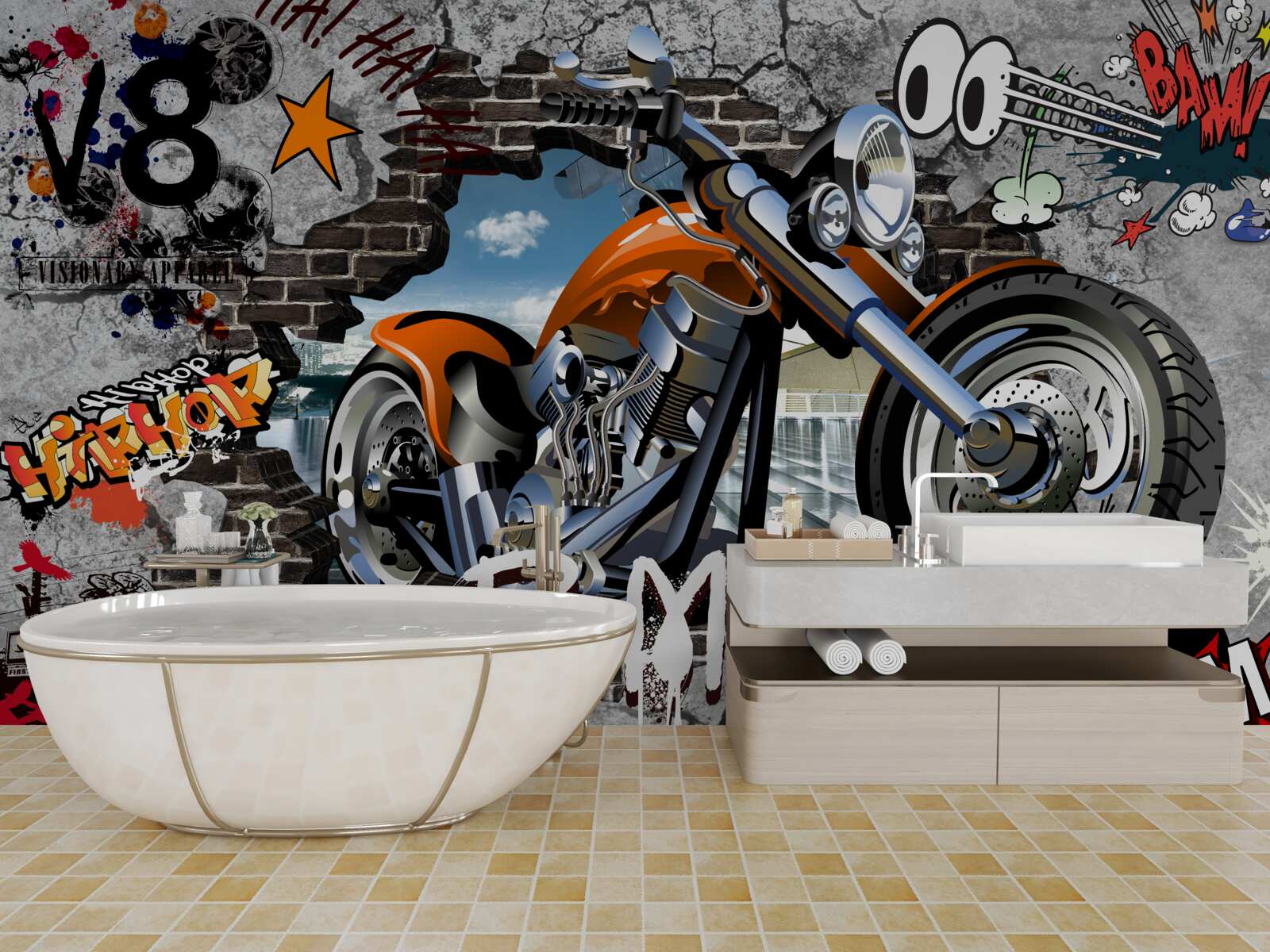 Papier peint moto représentée sur un graffiti