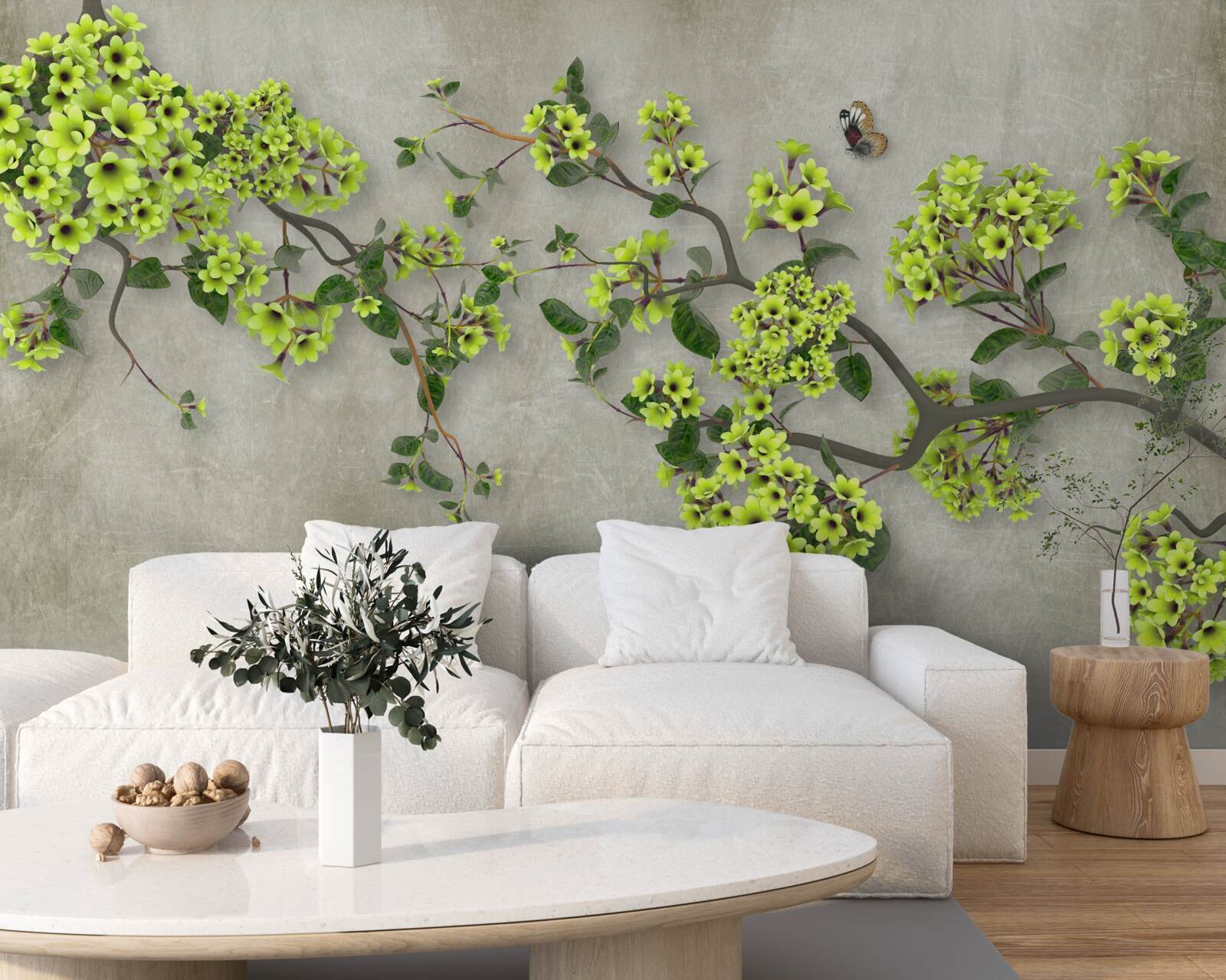 Papier peint branche de magnolia parsemée de bourgeons verdoyants