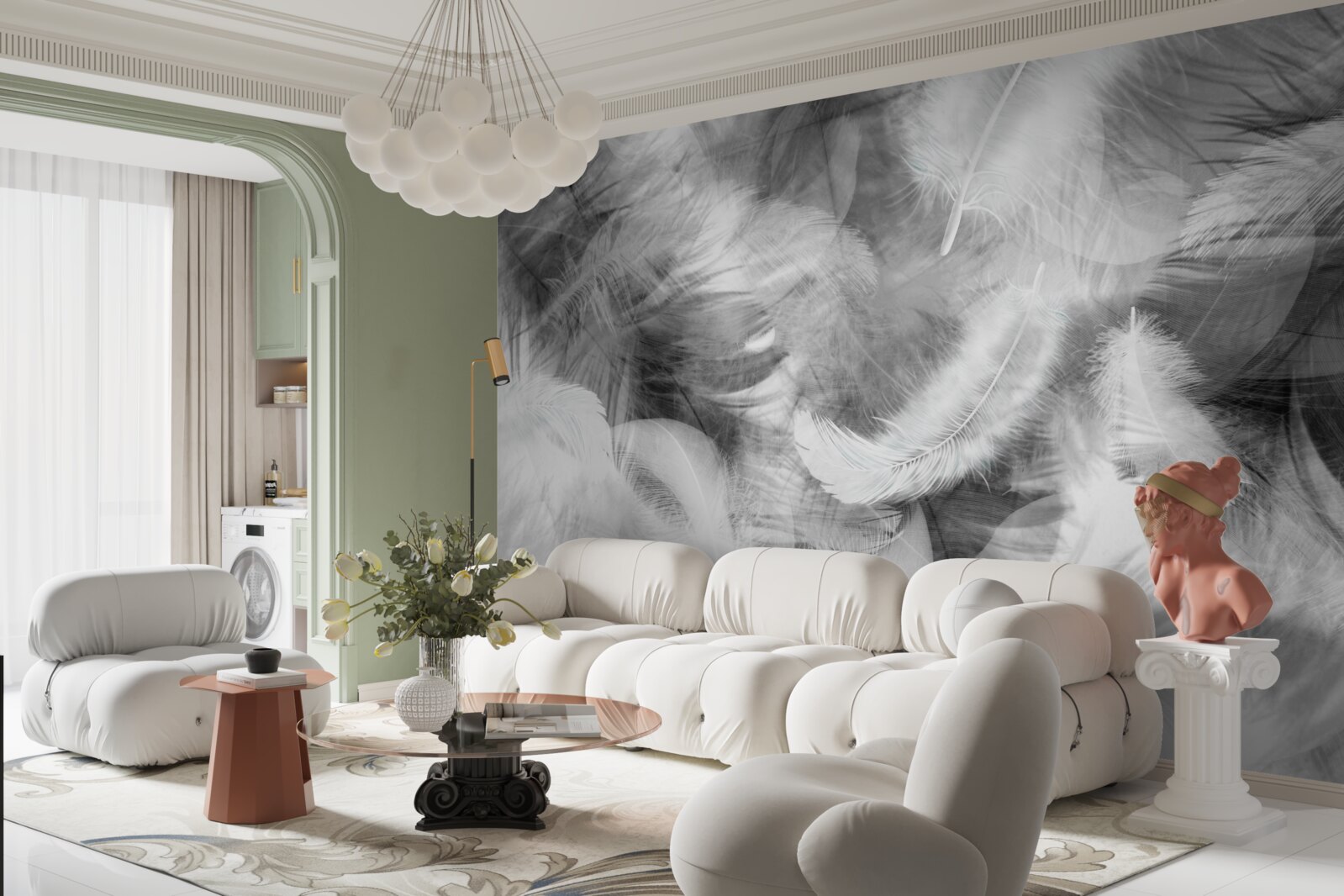 Papier peint des plumes noires et blanches flottent dans l'air