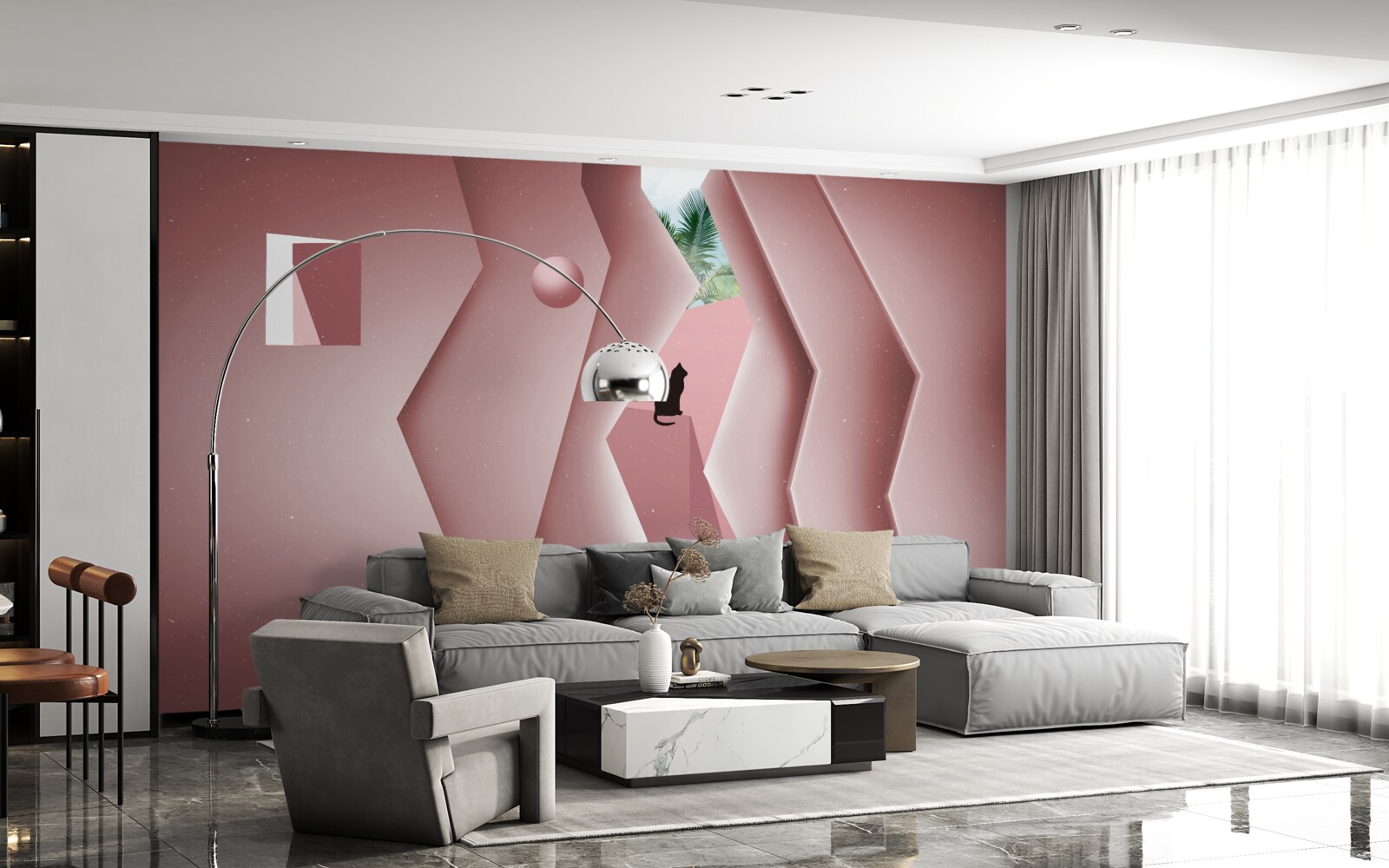 Papier peint tunnel réalisé dans un style abstrait et peint dans des tons de rose