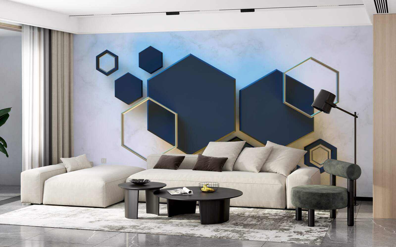 Papier peint hexagones noirs flottants