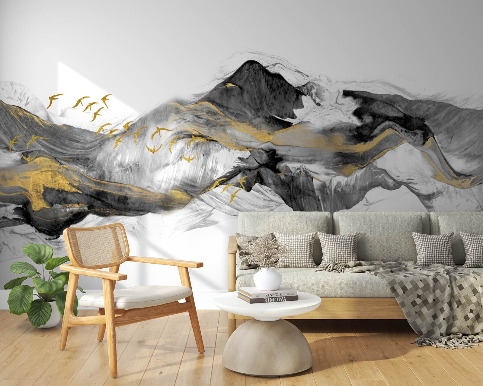 Papier peint image abstraite d'oiseaux et de montagnes sur fond blanc