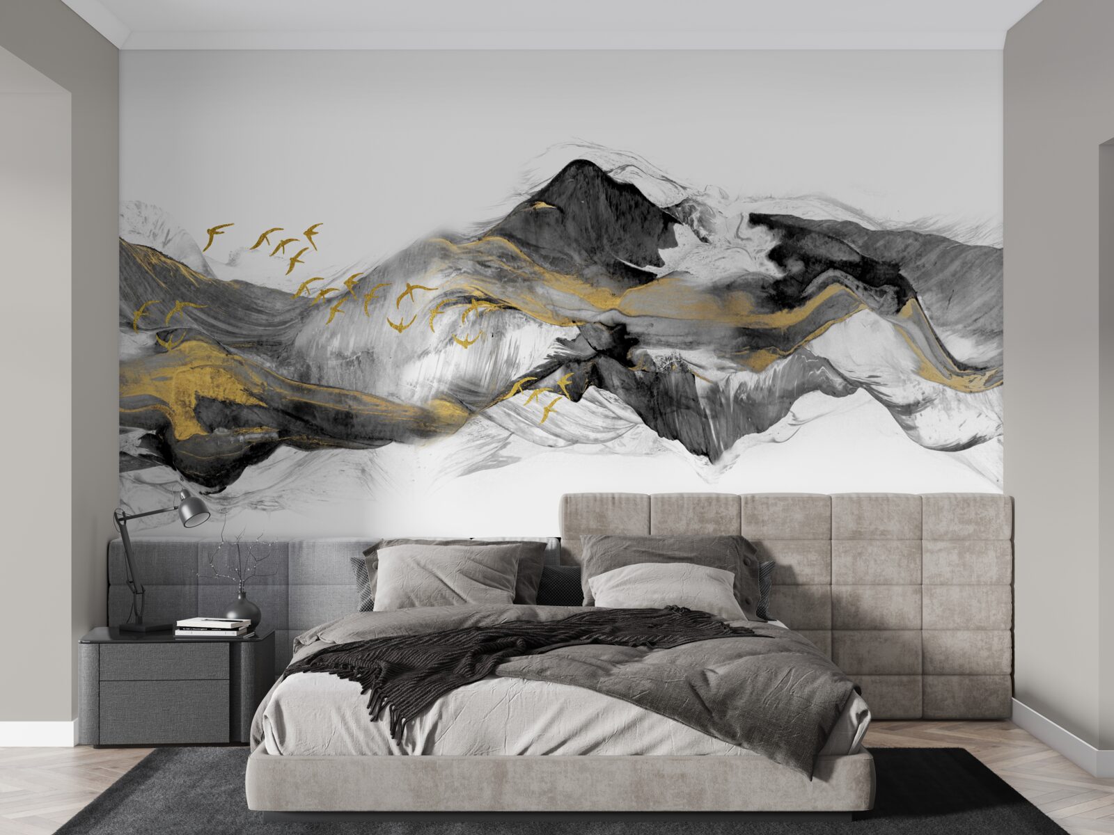 Papier peint image abstraite d'oiseaux et de montagnes sur fond blanc