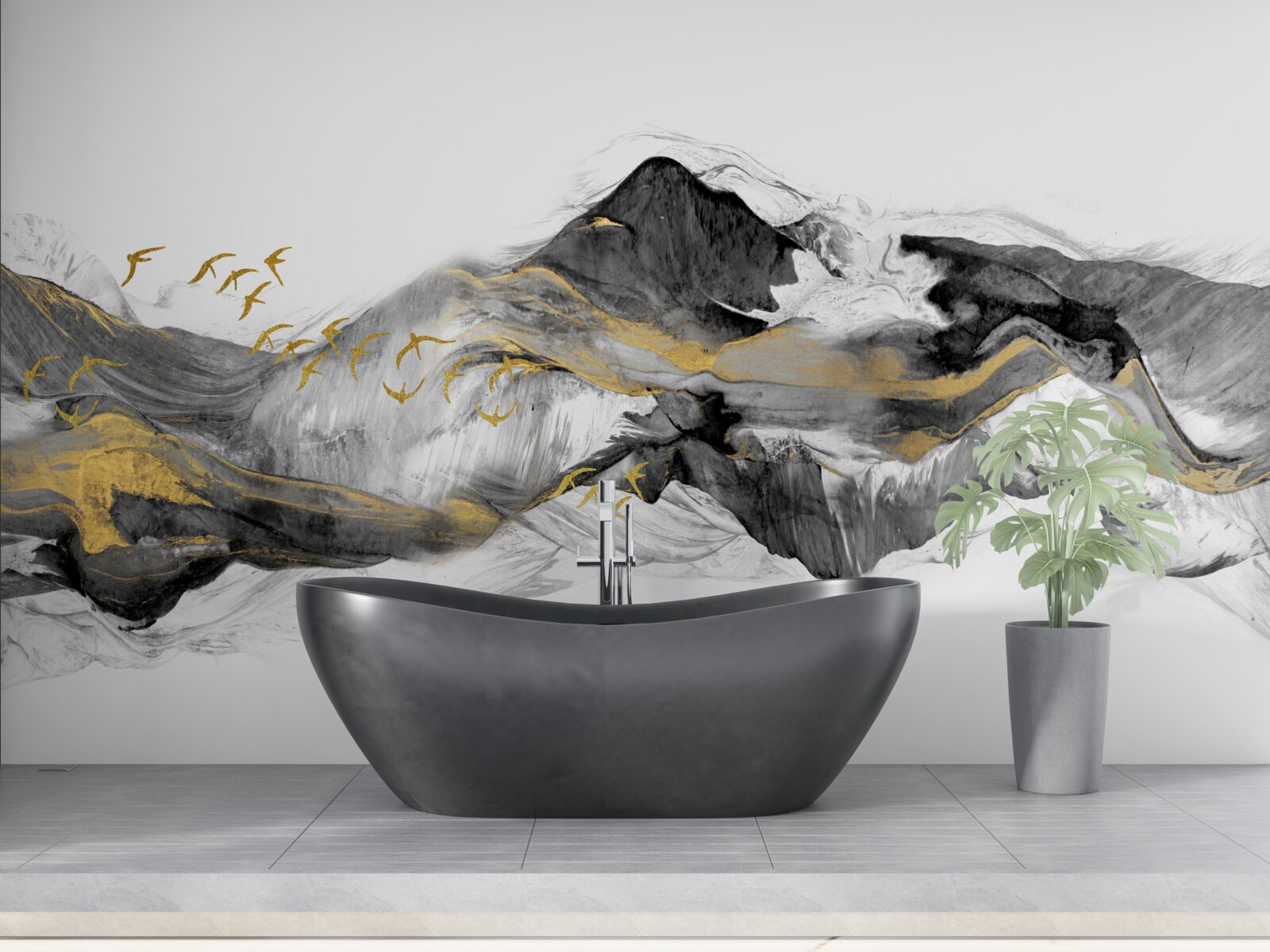 Papier peint image abstraite d'oiseaux et de montagnes sur fond blanc